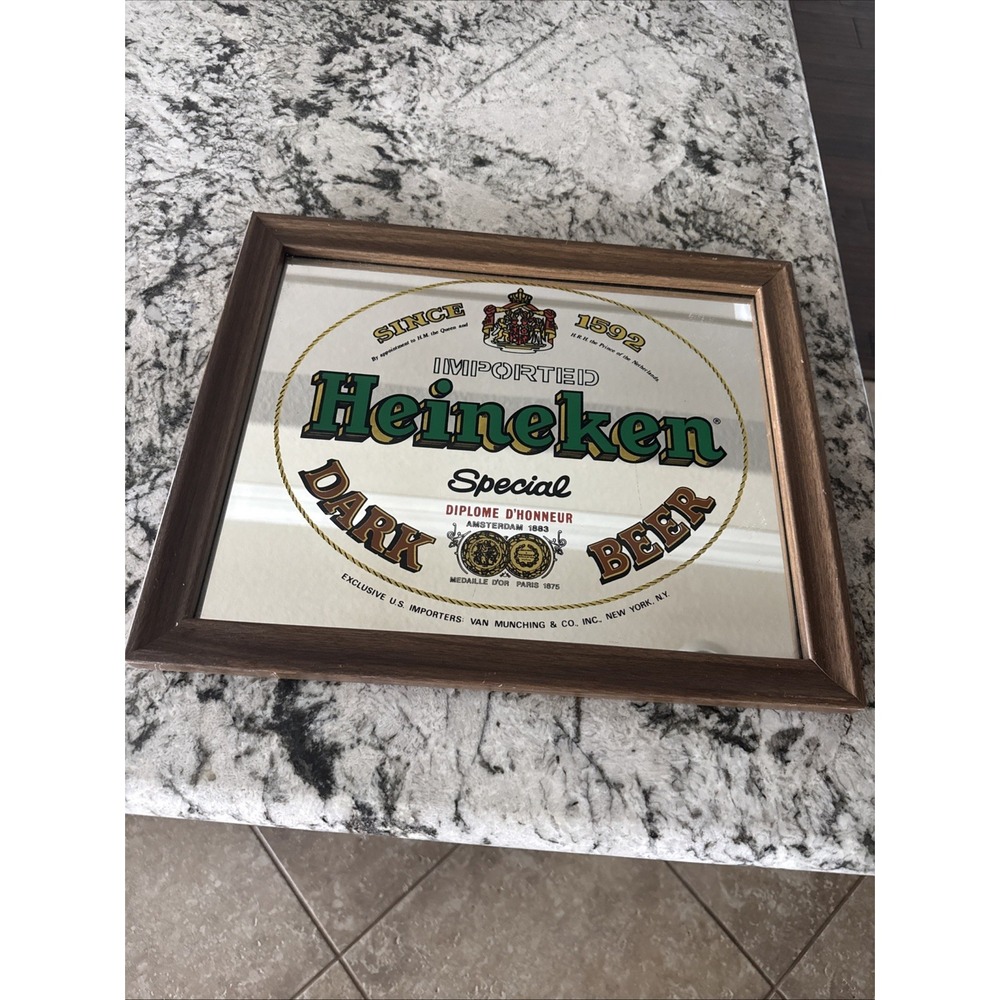 VINTAGE HEINEKEN IMPORTED DARK BEER WOOD FRAMED MIRROR SIGN -14 x 17"